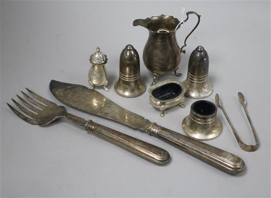 A pair of silver fish servers, a pair of silver sugar tongs and sundry plated condiments, etc.